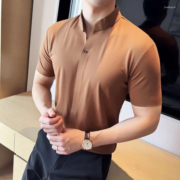 Polos pour hommes Style chinois Polo à col montant été coupe ajustée à manches courtes T-shirt sans couture et respirant