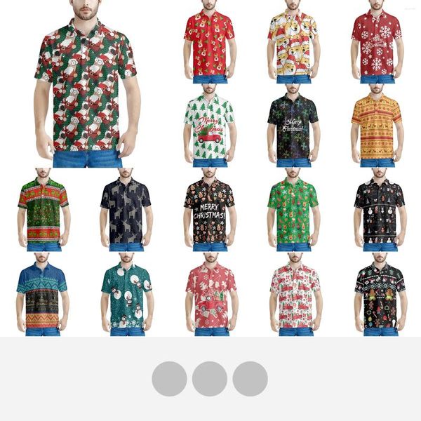 Polos para hombre Navidad Divertido Papá Noel Fondo verde Ropa de moda Polo Manga corta Solapas Alta calidad Transpirable Delgado