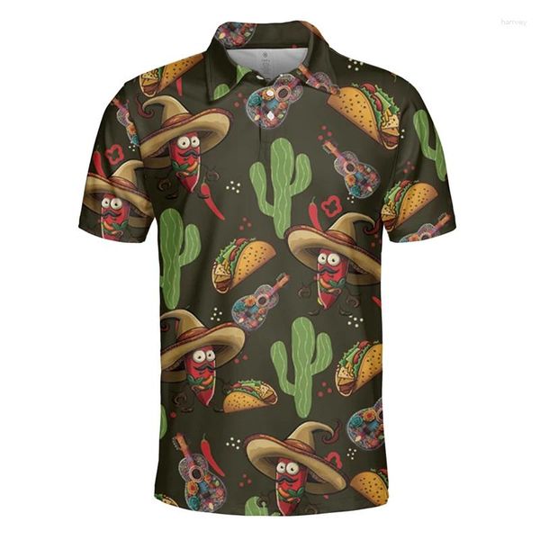 Polos para hombres Cino De Mayo Polos de manga corta con estampado 3D para hombres Ropa Comida Taco Camisa con botones Divertida solapa de calavera Ropa de calle para niños