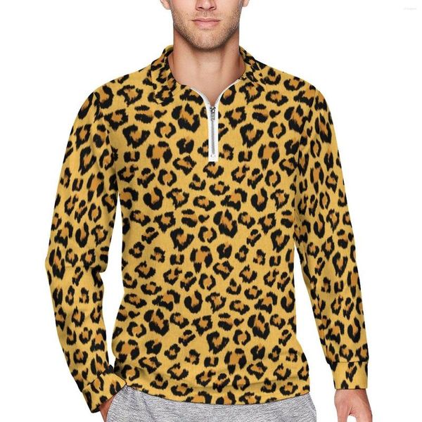 Polos para hombre Camisas polo sueltas de leopardo clásico Hombre Piel sintética Estampado animal Mangas largas Camisetas casuales Camisa de diseño de tendencia de otoño Tamaño grande