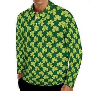 Polo's voor heren Clover Shamrock Casual T-shirts Heren Schattig groen blad Poloshirts met lange mouwen Omslagkraag Grappig herfstontwerp Overhemd Grote maten