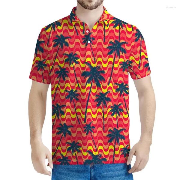 Polos pour hommes Colorful Palm Tree 3D Polo Polo Imprimé Men Summer plage manches courtes Hawaiian Plantes graphiques Shirts Tops T-shirt
