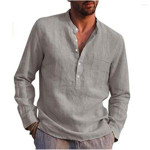 Polos de algodón estilo playero para hombre, camisas de lino de manga larga, verano, Color sólido, cuello levantado, ropa informal de talla grande para hombre