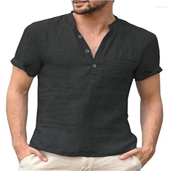 Polos homme coton lin chemise à manches courtes pour l'été 2023 col montant et boutonné demi ouverture hommes chemises habillées