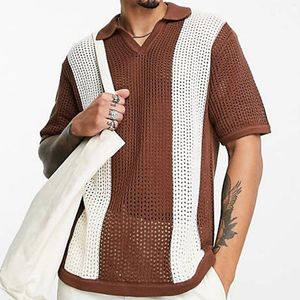 Polos pour hommes Polo à larges rayures au crochet en brun mince creux couleur bloc pull tricoté chemise pull décontracté