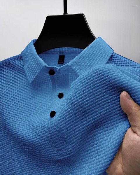 Polos para hombre Transfronterizo Malla de alta gama Seda de hielo Camiseta de manga corta Cuello de camisa Polo deslizante de color sólido de verano