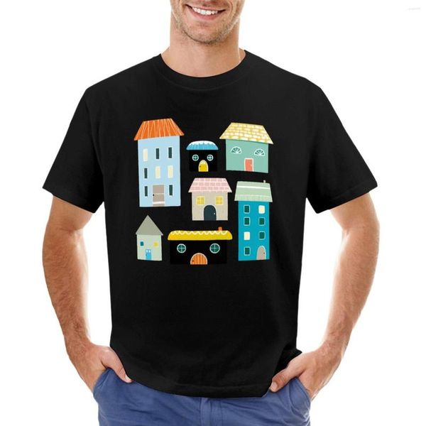 Polos para hombre Linda casa azul y amarilla Ilustraciones de casa Camiseta Camisetas negras Camiseta para hombre Gráfico