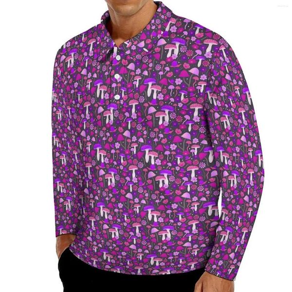 Polos pour hommes Champignons mignons Polos Hommes Violet et Rose Chemise décontractée Automne Collier de mode Modèle à manches longues T-shirts surdimensionnés