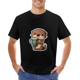 Polos pour hommes Mignon Otter Tenant Une Tasse de Café T-Shirt Grande Taille Hauts Hippie Vêtements Édition T-Shirt Slim Fit Chemises Pour Hommes