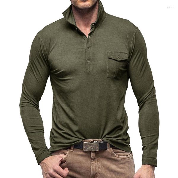 Polos para hombres Ropa diaria para hombres Otoño Camisas polo de manga larga Botón de ocio Cuello alto Camiseta delgada Diseño de bolsillo con parche de moda Hombres