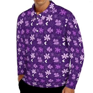 Polos pour hommes marguerite fleur T-Shirts décontractés violet imprimé fleuri Polo homme tendance automne à manches longues haut graphique grande taille