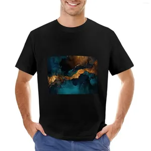 Polos pour hommes Dark Ocean Vibes Abstrait Bleu Or Encre Peinture Texture T-shirt Haut D'été T-shirt Homme Mens Graphique