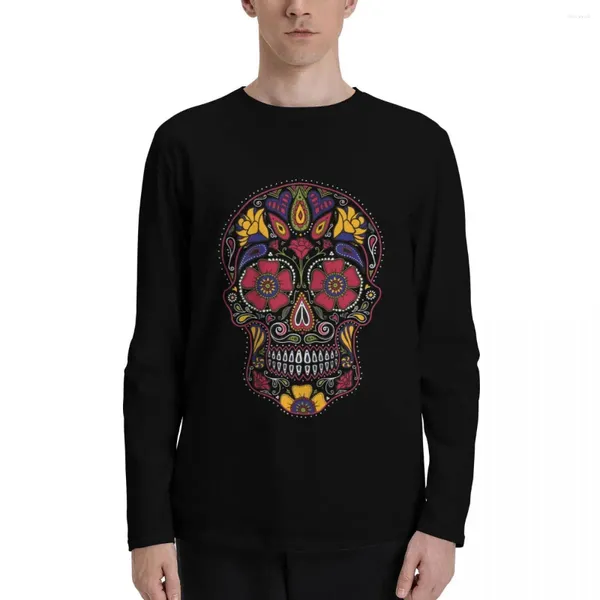 Polos para hombre, camisetas de manga larga oscuras con calavera de azúcar del Día de los muertos, camiseta personalizada, ropa estética, gráfico para hombre grande y alto