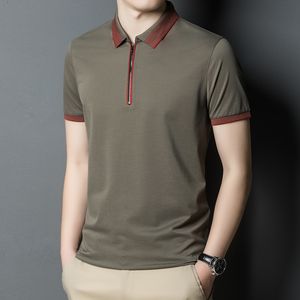 Polos pour hommes Design hommes Polo mode contraste couleur été soie naturelle coton à manches courtes hommes chemises à glissière 230311