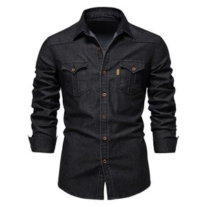 Herenpolo's FANWEILIN Elastic Denim Button Up Shirt Lange mouw Cowboy zwarte shirts voor mannen Casual Slim Fit herenkleding Camisa Masculina 230630