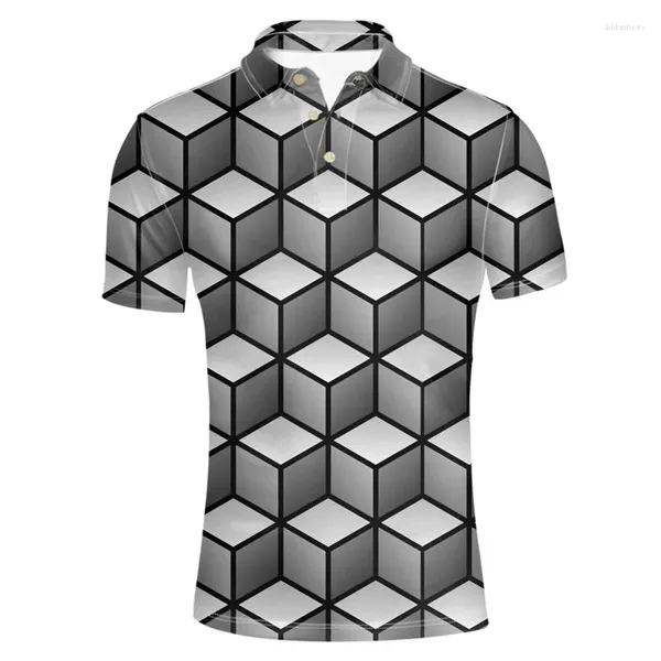 Polos pour hommes Mode 3D Imprimé Bloc Géométrie Polos Hommes Cool Été Revers T-shirts Enfants Casual Manches Courtes Tops Bouton Tee Shirt