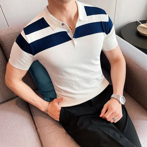 Polos Fashion Business Male Shirts Male Shirts Summer Striped Slim Tops Pullover Men Men Offical Button Design Courte Polo