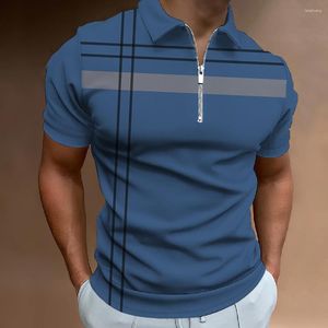 Polos pour hommes mode affaires rayure imprimé fermeture éclair Polo été à manches courtes T-Shirt ligne hauts décontracté vêtements surdimensionnés