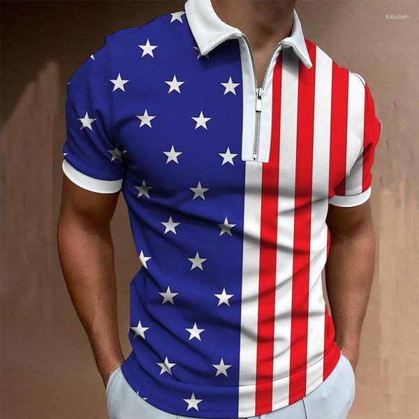 Polos para hombre, ropa de moda, camisetas polo, camiseta informal de manga corta con estampado de bandera americana de calle, camisetas con cremallera y cuello vuelto para hombre