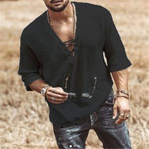 Polos para hombres Moda Hippie Camisa de lino Casual Manga media Cuello en V Playa de verano Camisetas sueltas Tops Color sólido Camisetas 230512