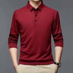 Herenpolo's Mode Mannen Zakelijk Effen Poloshirts Lente Herfst Katoen Met Lange Mouwen Knop Revers Mannelijke Kleding Los Casual T-shirt Tops 231118