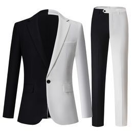 Heren Polos Fashion Mens Business Black and White Contrast Color Suit broek Mannelijke Slim Stage Party 2 PCS Blazers Jacket Pants Sets 230426