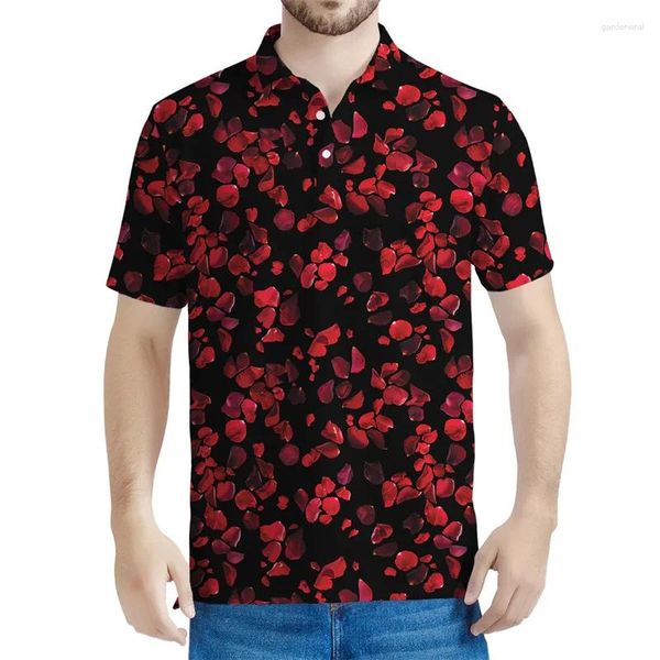 Polos pour hommes Fashion Rose Flower 3D Polo imprimé Polo Men Summer Summer Sleeves Tops Button Button T-shirts T-shirt de rue surdimensionné décontracté