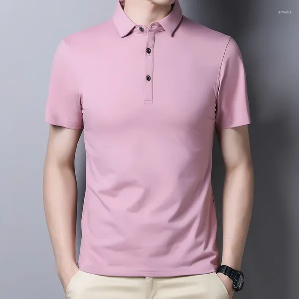 Polos pour hommes Mode manches courtes Polo rose Hommes Summer Ice Soie Hommes Chemises de haute qualité Bouton Up Coton Tops Tees Plus Taille XXXL