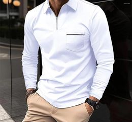 Polo da uomo Moda Versatile Casual Tinta unita Tasca con zip Camicia sportiva a maniche lunghe vestibilità ampia Autunno