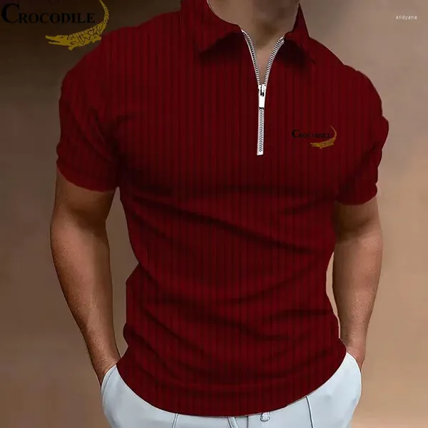 Polos pour hommes à la mode à rayures verticales CROCODILE Polo bouton ajusté bureau décontracté imprimé