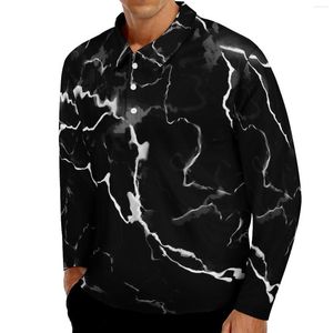 Herenpolo's Kunstzwarte marmeren poloshirts Herfst Casual overhemd met abstracte print, Kraag met lange mouwen, Oversized grafische grafische T-shirts