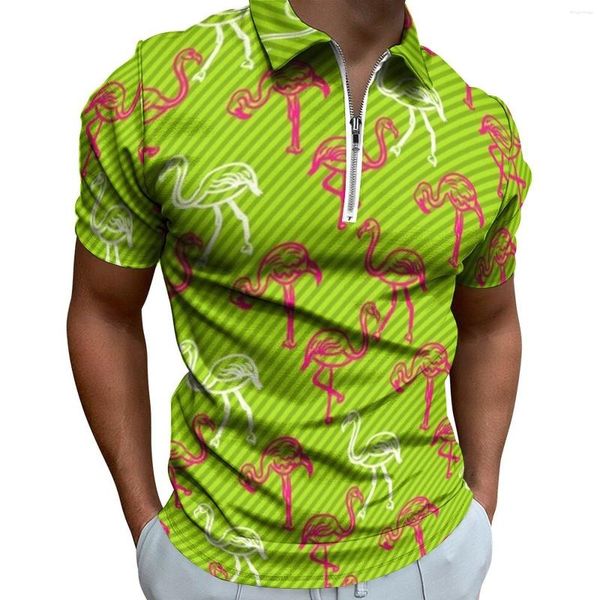 Polos para hombre Flamingo Bird Camisas polo casuales Camisetas a rayas verdes y rosas Manga corta para hombre Camisa personalizada Fecha Moda Ropa de gran tamaño