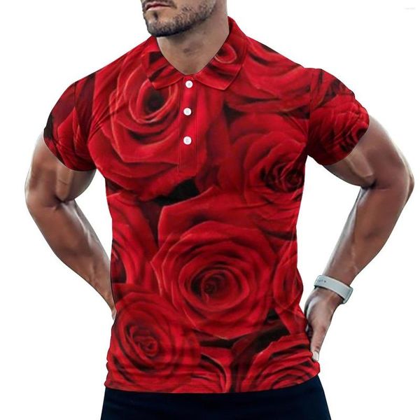 Polos pour hommes T-shirts décontractés à fleurs Red Rosses Print Polo Shirt Collar Trendy Summer Male Graphic Tops Big Size