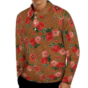 Polos pour hommes Polos décontractés à fleurs léopard T-shirts à imprimé fleurs rouges Chemise graphique à manches longues Printemps Cool Tops surdimensionnés Cadeau d'anniversaire