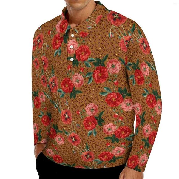 Polos para Hombre Camisas Polo Informales De Leopardo Floral Camisetas con Estampado De Flores Rojas Camisa Gráfica De Manga Larga Tops Extragrandes Frescos De Primavera Regalo De Cumpleaños