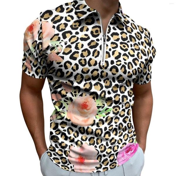 Polos para hombre, camisetas informales con estampado Floral de leopardo dorado, Polos con estampado de melocotón rosa, camisa fresca con fecha, camisetas personalizadas de manga corta de talla grande