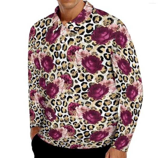 Polos para hombre Polos con estampado floral de leopardo Camisa informal dorada y rosa de uso diario Manga larga Cuello vuelto Camisetas extragrandes con estampado fresco