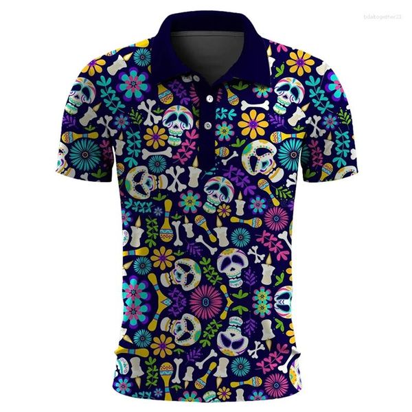 Polos pour hommes Skull drôle 3d Polo à manches courtes à manches courtes pour hommes Vêtements décontractés Mexique Lucky Squelette Graphic Shirt Button Tops