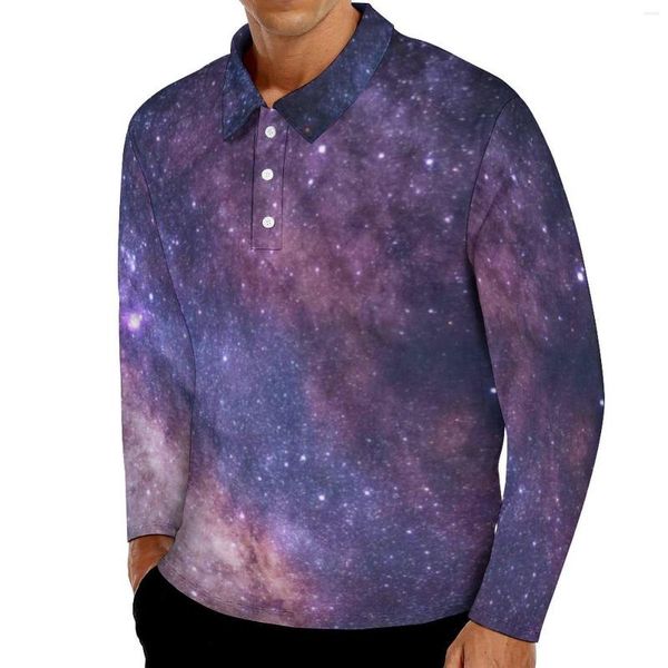 Polos pour hommes Galaxy Star Print Polos Automne Nébuleuse Planètes Étoiles Chemise décontractée Col à manches longues Design cool T-shirts surdimensionnés