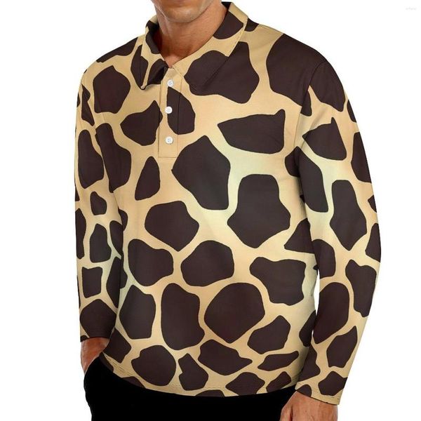 Polos para hombre Camisetas informales con estampado de jirafa y color marrón dorado Polos de manga larga con cuello vuelto Camisa de diseño diario retro 4XL 5XL