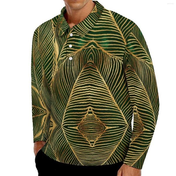 Polos para hombre Hojas doradas Bosque Polos Verde Elegante Camisa informal Otoño Elegante Cuello vuelto Manga larga Estampado Camisetas de gran tamaño