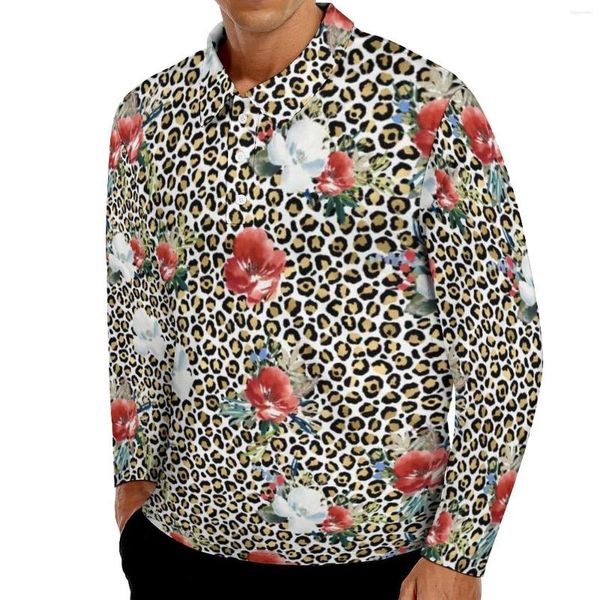 Polos para hombre, polos con estampado de leopardo dorado, camisa informal con flores rojas y blancas de primavera, cuello de manga larga, diseño de moda, camisetas de gran tamaño