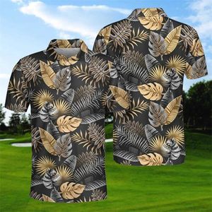 Polos pour hommes Feuilles de palmier dorées Polos imprimés en 3D pour hommes Vêtements de luxe Tropical Hawaiian Flower Graphic Shirt Homme à manches courtes