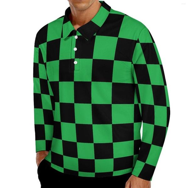 Polos pour hommes vert et noir rétro carré polo hommes échiquier décontracté printemps streetwear à manches longues design surdimensionné t-shirts