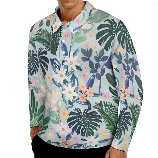 Polos de hombre Camisas polo casuales de hoja verde Camisetas con flores tropicales Camisa gráfica de manga larga Primavera Ropa fresca de gran tamaño Idea de regalo