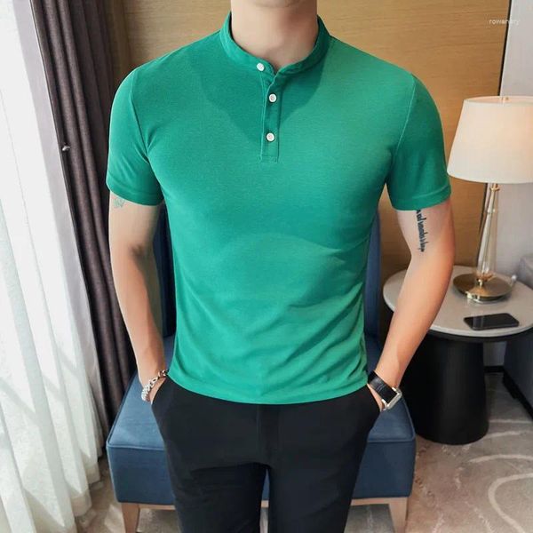 Polos De Hombre Verde Mandarín Completo Hombre Elegante Slim Fit Vintage Estilo Británico Camisas De Caballero Ropa De Verano Con Estilo Para Hombre Jersey Social