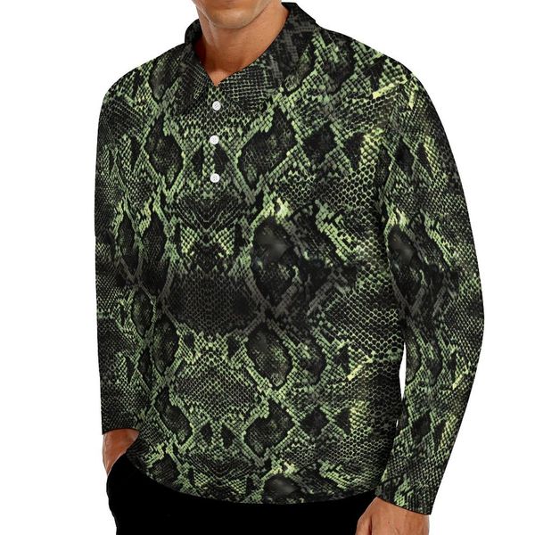 Polos pour hommes Polos en peau de serpent vert Homme Fun Animal Print Chemise décontractée Printemps Nouveauté Col rabattu Manches longues T-shirts surdimensionnés 230808