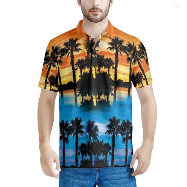 Polos pour hommes Hawaii matin et soir cocotier motif Floral été polos hommes manches courtes classique mâle décontracté Sport hauts t-shirt