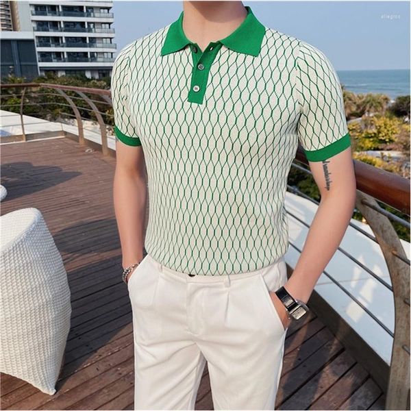 Polos para hombre, polo de moda británica Retro de clase alta, camiseta de punto Jacquard con contraste de cuadros con personalidad de verano 2023 para hombre