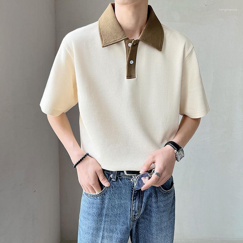 Мужские поло, высококачественные корейские модные рубашки поло для мужчин, лоскутная футболка с вафельными лацканами и пуговицами, футболка с коротким рукавом, летняя свободная рубашка